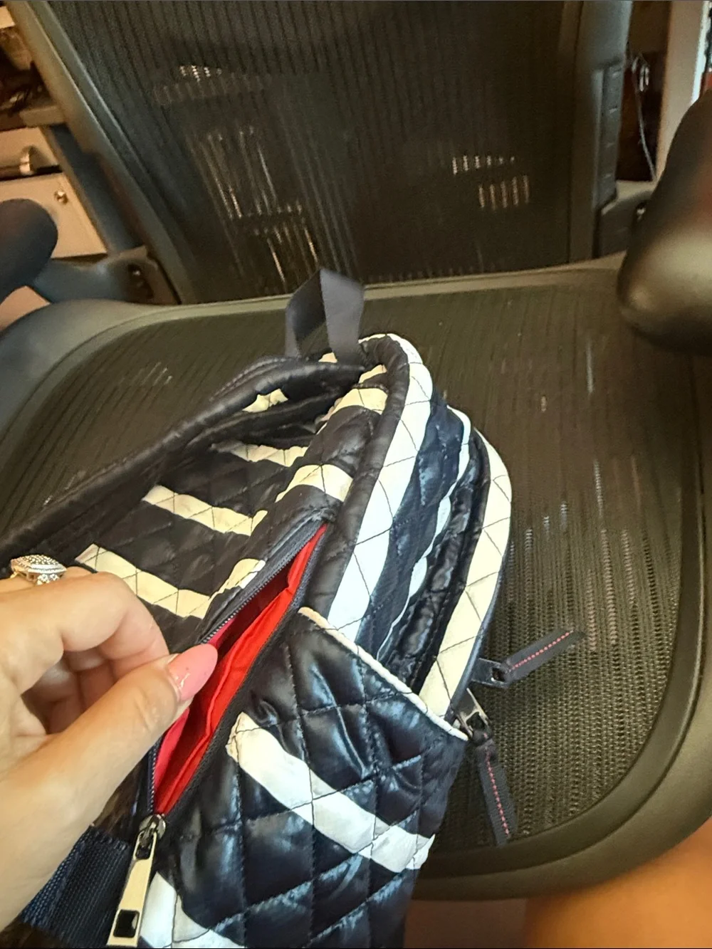 ⁠OLIVER THOMAS Quilted Backpack Black White Stripe Red Lining Washable